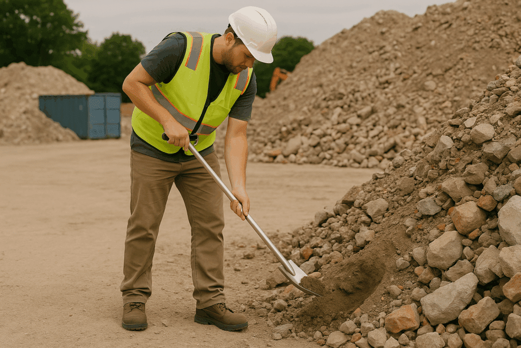 Bauarbeiter schaufelt Erde auf Baustelle für Probenahme nach LAGA PN 98